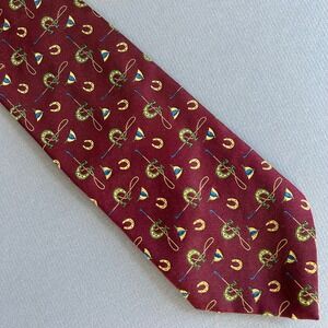 Paul Stuart Tie Lucky Horse Shoe Equestrian Derby Irish Italy Vtg Red Burgundy